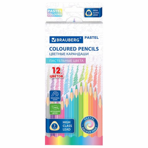 Карандаши цветные BRAUBERG PASTEL, 12 пастельных цветов, трехгранные, грифель 3 мм, натуральное дерево, 181850 181850