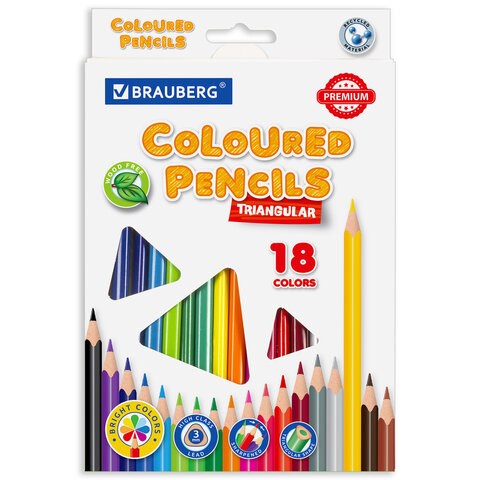 Карандаши цветные BRAUBERG PREMIUM, 18 цветов, трехгранные, грифель 3 мм, 181662 181662