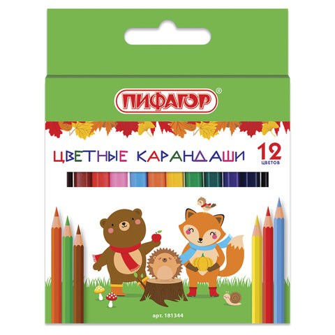 Карандаши цветные ПИФАГОР "МАЛЫШИ-КАРАНДАШИ", 12 цветов, укороченные, шестигранные, натуральное дерево, 181344 181344