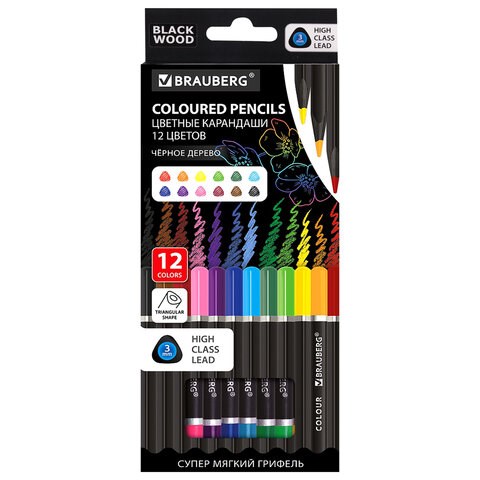Карандаши цветные чёрное дерево BRAUBERG BLACK WOOD, 12 цветов, трехгранные, мягкий грифель 3 мм, 181948 181948