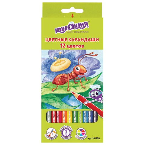 Карандаши цветные ЮНЛАНДИЯ "В ГОСТЯХ У БУКАШЕК", 12 цветов, шестигранные, грифель 3 мм, натуральное дерево, 181378 181378