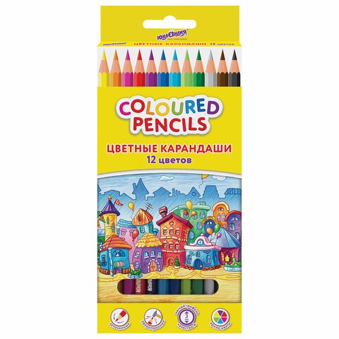 Карандаши цветные ЮНЛАНДИЯ "ДОМИКИ", 12 цветов, шестигранные, грифель 3 мм, 181836 181836