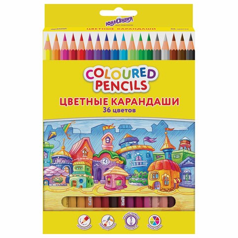 Карандаши цветные ЮНЛАНДИЯ "ДОМИКИ", 36 цветов, шестигранные, грифель 3 мм, 181839 181839