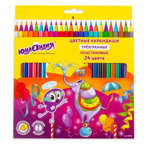 Карандаши цветные ЮНЛАНДИЯ "КАРНАВАЛ", 24 цвета, трехгранные, грифель 3 мм, 181686 181686