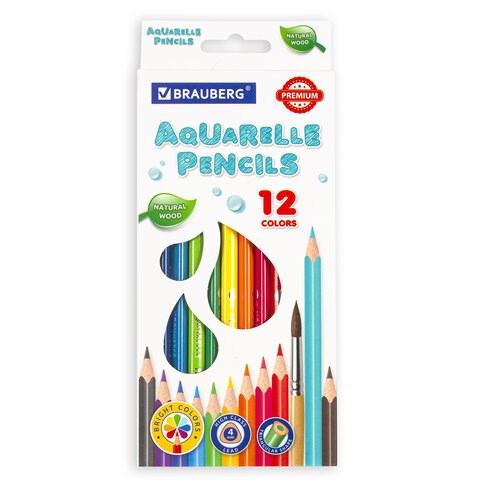 Карандаши цветные акварельные BRAUBERG PREMIUM AQUARELLE, 12 цветов, трехгранные, утолщенный грифель 4 мм, натуральное дерево, 181671 181671