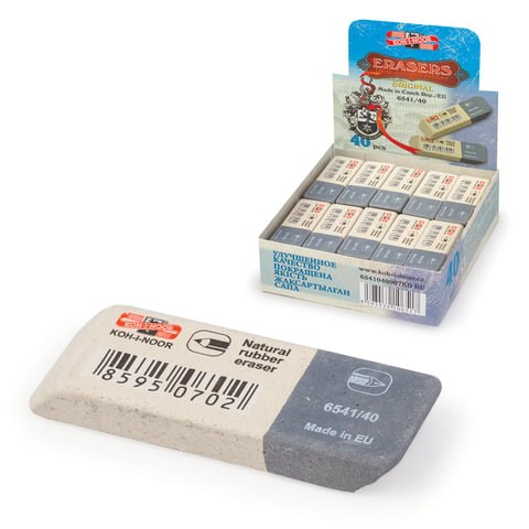 Ластик KOH-I-NOOR 6541/40, 57x19,5x8 мм, бело-серый, прямоугольный, скошенные края, натуральный каучук, 6541040007KDRU 225397
