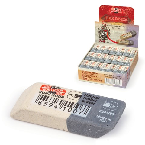 Ластик KOH-I-NOOR 6541/80, 41x14x8 мм, бело-серый, прямоугольный, скошенные края, натуральный каучук, 6541080004KDRU 225395