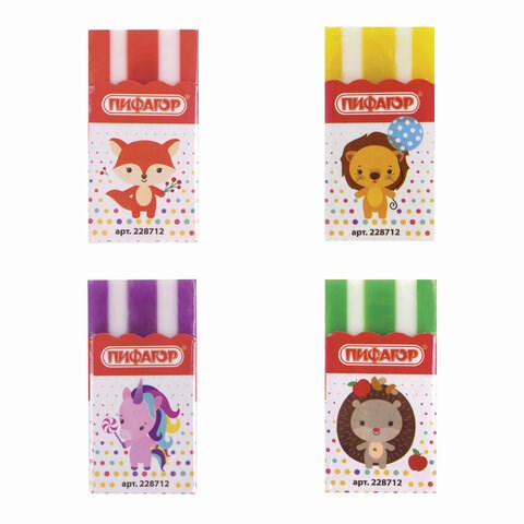 Ластик ПИФАГОР "ЭНИКИ-БЕНИКИ", 50х27х8мм, цвет ассорти, экологичный ПВХ, картонный держатель, 228712 228712