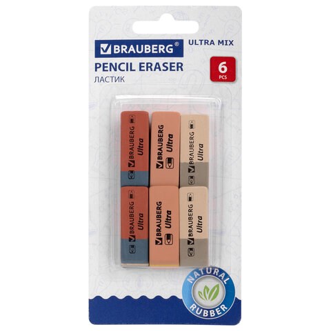 Ластики BRAUBERG "Ultra Mix" 6 шт., размер ластика 41х14х8 мм, ассорти, натуральный каучук, 229602 229602
