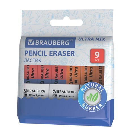 Ластики BRAUBERG "Ultra Mix" 9 шт., размер ластика 41х14х8 мм/29х18х8 мм, натуральный каучук, 229604 229604
