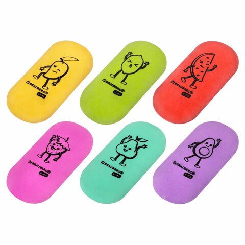 Ластики BRAUBERG KIDS "Fruits", НАБОР 6 штук, 50х23х10 мм, овальные, ассорти, 272669 272669