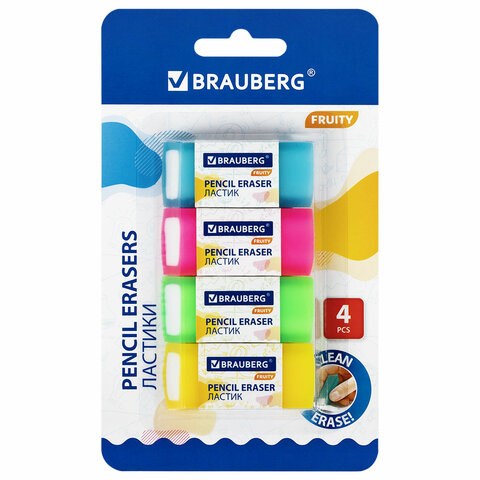 Ластики полупрозрачные BRAUBERG FRUITY НАБОР 4 штуки, размер ластика 54х23х10 мм, упаковка блистер, 271343 271343