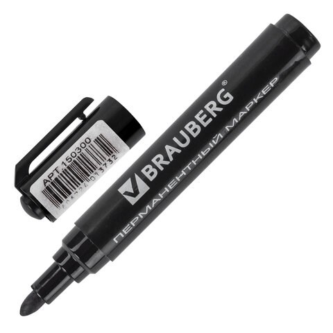 Маркер перманентный BRAUBERG "Classic", ЧЕРНЫЙ, круглый наконечник, 3 мм, с клипом, 150300 150300