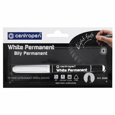 Маркер перманентный БЕЛЫЙ CENTROPEN, круглый наконечник, 1,2 мм, блистер, 2686, 5 2686 6000 152037