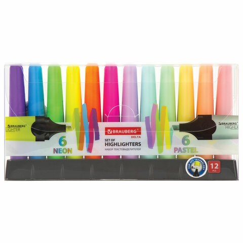 Набор текстовыделителей 12 ЦВЕТОВ на подставке, BRAUBERG "DELTA", линия 1-5 мм, 151737 151737