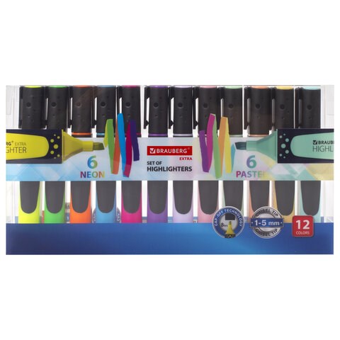 Набор текстовыделителей 12 ЦВЕТОВ на подставке, BRAUBERG "EXTRA", прорезиненный корпус, линия 1-5 мм, 151758 151758