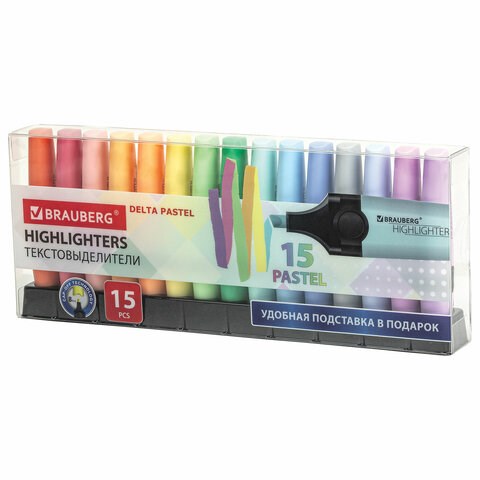 Набор текстовыделителей 15 ПАСТЕЛЬНЫХ ЦВЕТОВ на подставке, BRAUBERG "DELTA PASTEL", линия 1-5 мм, 152507 152507