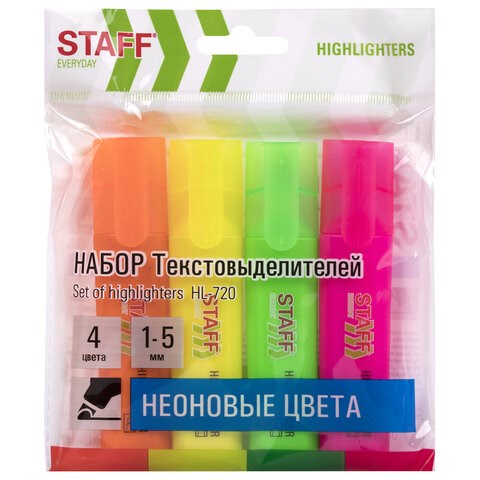Набор текстовыделителей 4 НЕОНОВЫХ ЦВЕТА, STAFF "EVERYDAY HL-720", линия 1-5 мм, скошенный наконечник, 152555 152555