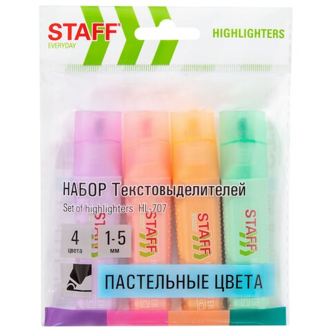 Набор текстовыделителей 4 ПАСТЕЛЬНЫХ ЦВЕТА, STAFF "EVERYDAY HL-707", линия 1-5 мм, скошенный наконечник, 152549 152549