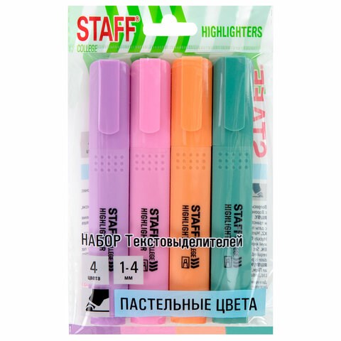 Набор текстовыделителей 4 ПАСТЕЛЬНЫХ ЦВЕТА, АССОРТИ, STAFF College "STICK PASTEL", линия письма 1-4 мм, скошенный наконечник, 152531 152531
