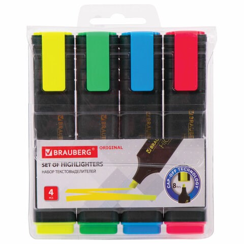 Набор текстовыделителей 4 ЦВЕТА, BRAUBERG "ORIGINAL", линия письма 1-5 мм, 151689 151689