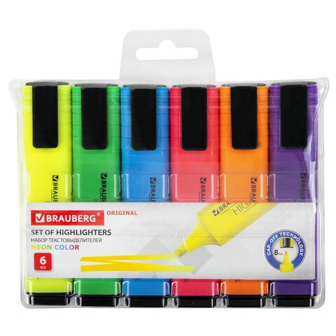 Набор текстовыделителей 6 ЦВЕТОВ, BRAUBERG "ORIGINAL NEON", линия письма 1-5 мм, 152216 152216