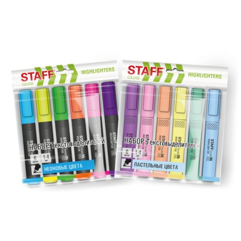 Набор текстовыделителей 6 ЦВЕТОВ, МИКС ПАСТЕЛЬ / НЕОН, STAFF "College" STICK, линия 1-4 мм, 152558 152558