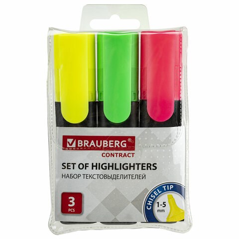 Набор текстовыделителей BRAUBERG 3 шт., АССОРТИ, "Contract", линия 1-5 мм, 150395 150395