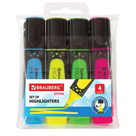 Набор текстовыделителей BRAUBERG 4 шт., АССОРТИ, "EXTRA", прорезиненный корпус, линия 1-5 мм, 151746 151746