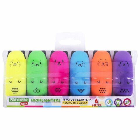 Набор текстовыделителей мини 6 ЦВЕТОВ BRAUBERG KIDS "CUTE CATS NEON", линия 1-5 мм, 152435 152435