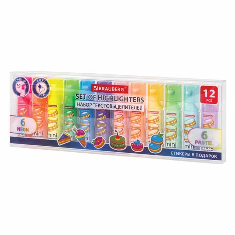 Набор текстовыделителей мини с принтами, 12 ЦВЕТОВ, BRAUBERG, 6 неоновых цветов + 6 пастельных цветов, линия 1-5 мм, 152537 152537
