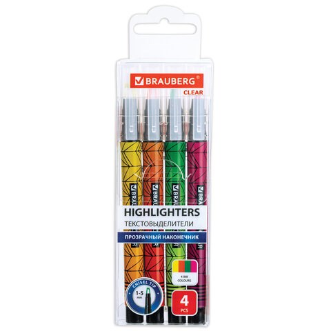 Набор текстовыделителей с прозрачным наконечником 4 ЦВЕТА, BRAUBERG "Clear", линия 1-5 мм, 152426 152426
