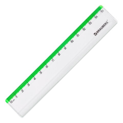 Линейка пластиковая 15 см BRAUBERG "FRESH ZONE", прозрачная, с салатовой шкалой, 210748 210748