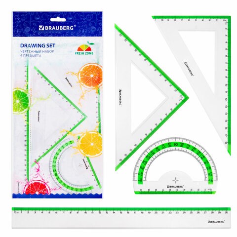 Набор чертежный большой BRAUBERG "FRESH ZONE" (линейка 30 см, 2 треугольника, транспортир) с салатовой шкалой, 210764 210764