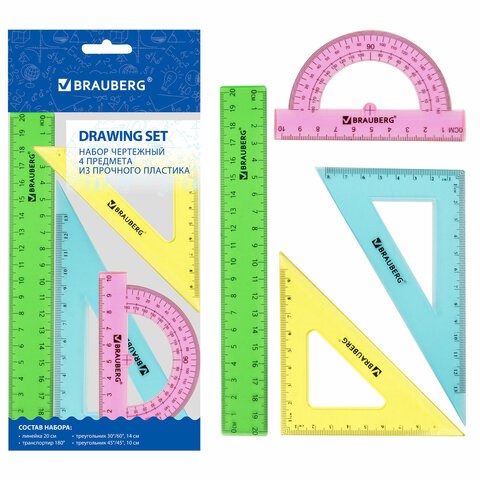 Набор чертежный средний BRAUBERG "Crystal" (линейка 20 см, 2 угольника, транспортир), цветной, 210296 210296