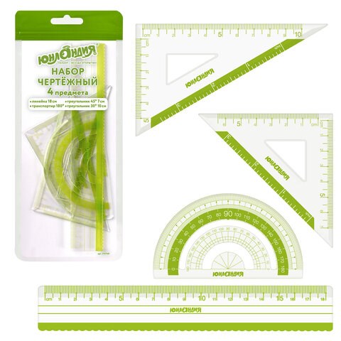 Набор чертежный ЮНЛАНДИЯ "ГЕОМЕТРИЯ" (линейка 18 см, 2 треугольника, транспортир), зеленая шкала, 210740 210740