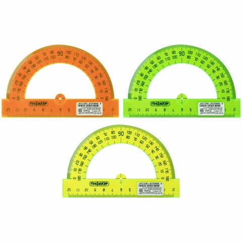 Транспортир 12 см, 180 градусов, ПИФАГОР, прозрачный, неоновый, ассорти, 210622 210622