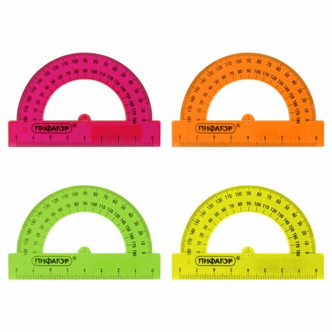 Транспортир 8 см, 180 градусов, ПИФАГОР, прозрачный, неоновый, ассорти, 210792 210792