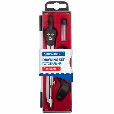 Готовальня BRAUBERG "Architect", 4 предмета: циркуль 135 мм, держатель для карандашей, точилка, грифель, 210657 210657
