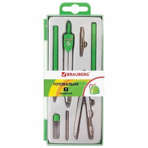 Готовальня BRAUBERG "Klasse", 7 предметов: циркуль+кронциркуль, рейсфедер + держатель, 2 вставки, грифель, 210344 210344