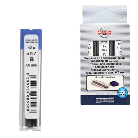 Грифели запасные 0,7 мм, B, KOH-I-NOOR, КОМПЛЕКТ 12 шт., 416200B007PKRU 210528