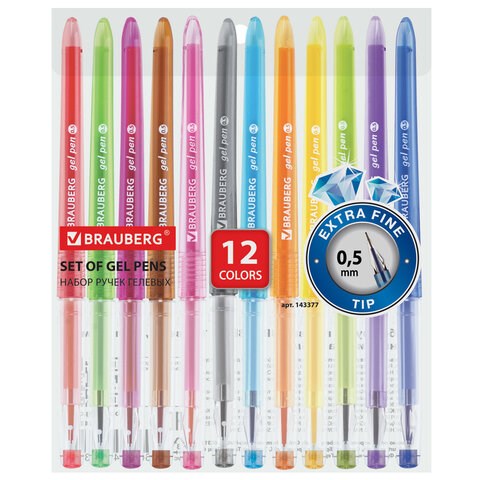 Ручки гелевые BRAUBERG DIAMOND, НАБОР 12 ЦВЕТОВ, узел 0,5 мм, линия письма 0,25 мм, 143377 143377