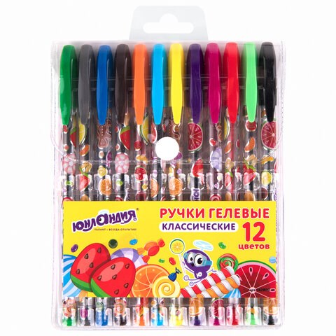 Ручки гелевые ЮНЛАНДИЯ, НАБОР 12 ЦВЕТОВ, корпус с печатью, узел 0,5 мм, линия письма 0,35 мм, 142800 142800