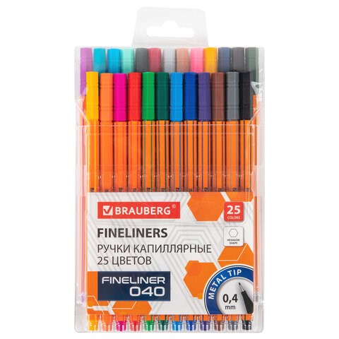 Ручки капиллярные (линеры) 25 ЦВЕТОВ, BRAUBERG "FINE 040", шестигранные, линия 0,4 мм, 144145 144145