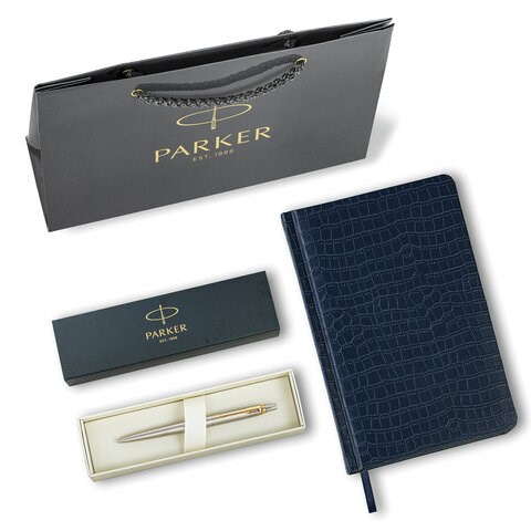 Ручка шариковая PARKER "Jotter Core Stainless Steel GT", ежедневник А5 синий, пакет, 880889 880889