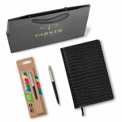 Ручка шариковая PARKER "Jotter Plastic CT", корпус черный, ежедневник А5 черный, золотой срез, пакет, 880894 880894