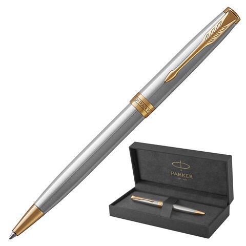 Ручка шариковая PARKER "Sonnet Core Stainless Steel GT", корпус серебро, позолота, черная, 1931507 142363