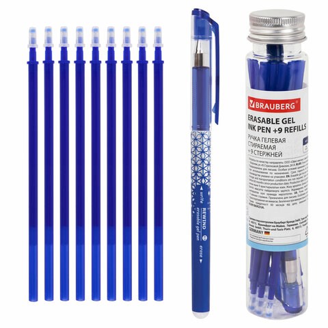 Ручка стираемая гелевая + 9 стержней в ПЛАСТИКОВОЙ ТУБЕ, СИНЯЯ, игольчатый наконечник 0,5 мм, линия 0,35 мм, BRAUBERG, 144093 144093