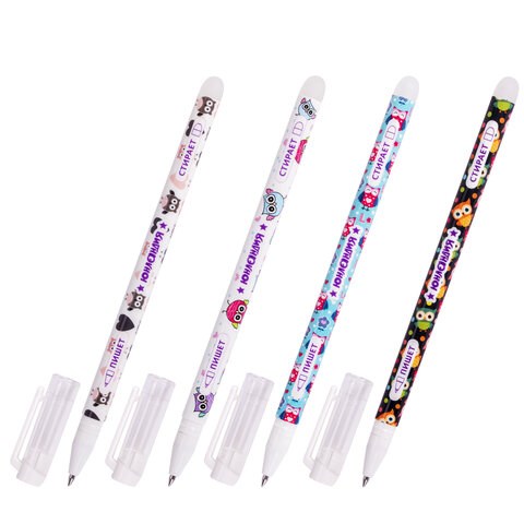 Ручка стираемая гелевая ЮНЛАНДИЯ "Совята", СИНЯЯ, корпус ассорти, узел 0,5 мм, линия письма 0,35 мм, 143658 143658