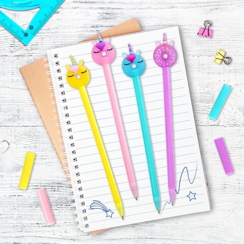 Ручка с топпером шариковая ЮНЛАНДИЯ "Единорог-пончик", корпус ассорти, СИНЯЯ, пишущий узел 0,7 мм, 143803 143803